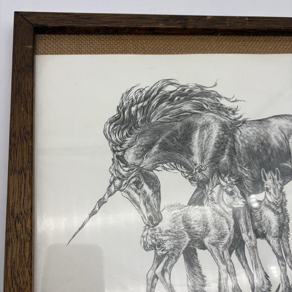Vintage M. Pena Print Unicorn and Babies Foals Sparkles Circa 1981 Black & White - Picture 6 of 7